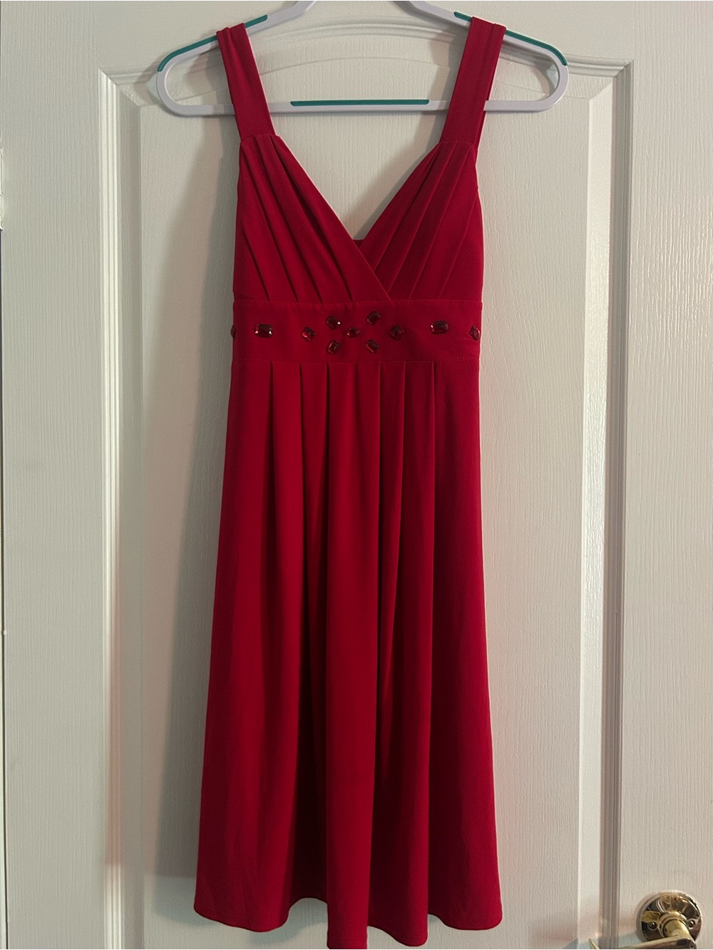 Bisou Bisou Red V-Neck Midi Dress with Beaded Waist